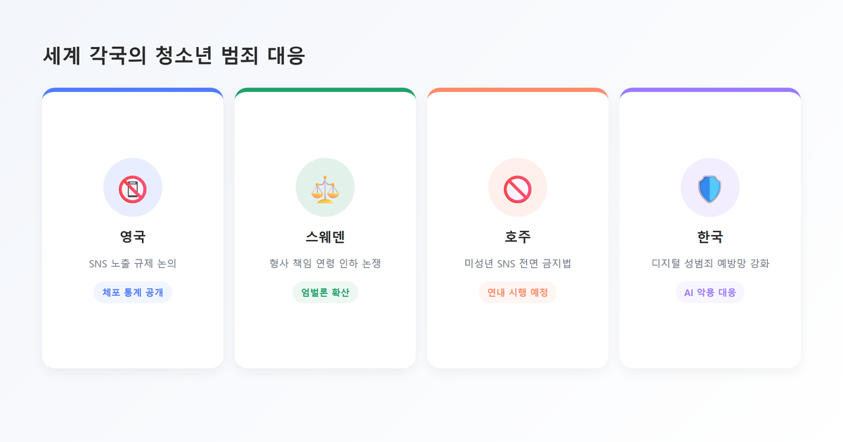 핵심포인트 카드-세계 각국의 청소년 범죄 대응 4가지(영국SNS규제·스웨덴형사책임연령인하논쟁·호주SNS전면금지·한국디지털성범죄예방망)