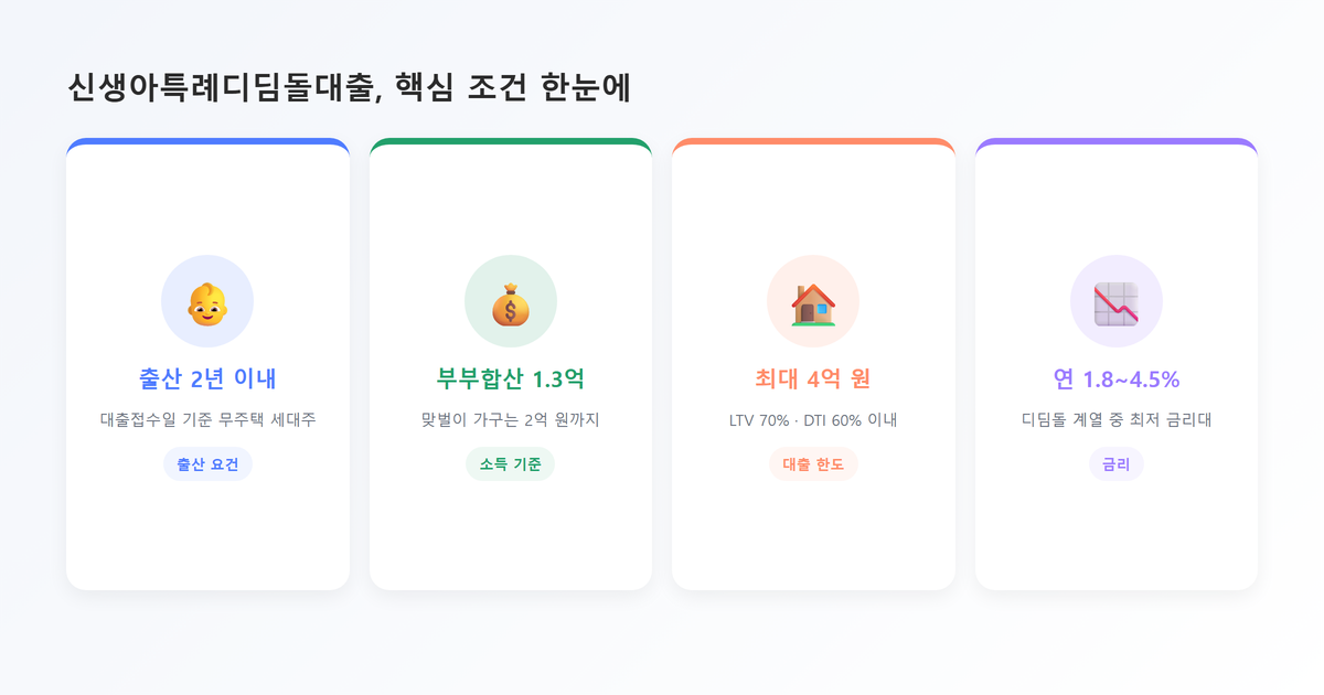 핵심포인트 카드-신생아특례디딤돌대출 핵심조건 4가지(출산2년이내·소득1.3억원이하·한도4억원·금리1.8~4.5퍼센트)