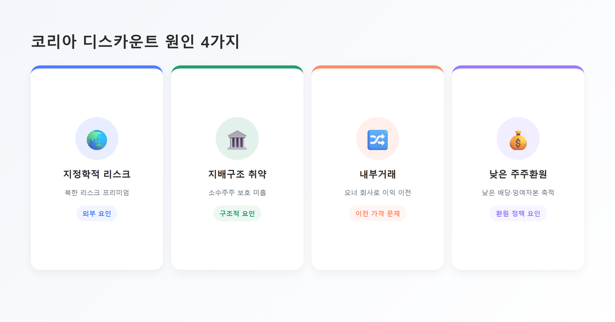 핵심포인트 카드-코리아 디스카운트 원인 4가지(지정학적리스크·지배구조취약·내부거래·낮은주주환원)