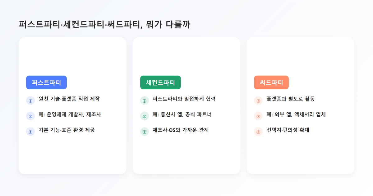 비교표-퍼스트파티 세컨드파티 써드파티 비교(의미·IT예시·특징)