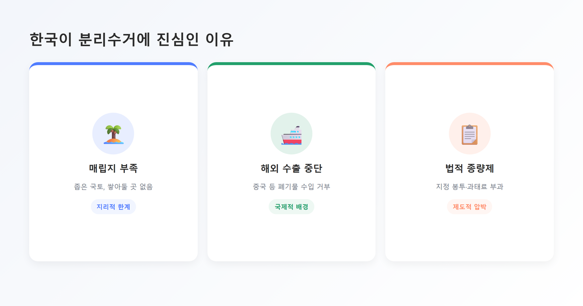 핵심포인트 카드-한국이 분리수거에 진심인 이유 3가지(매립지부족·해외수출중단·법적종량제)